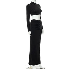 High neck long sleeve ruched solid maxi skirt set