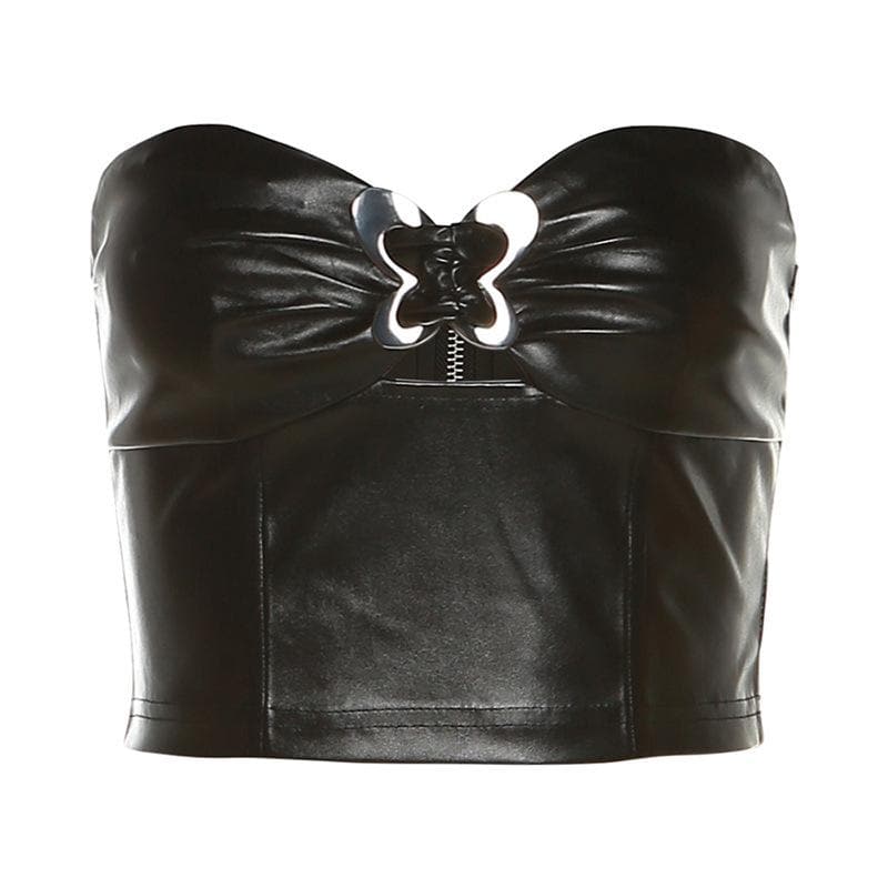 Solid metallic sleeveless zip-up hollow out buckle tube top