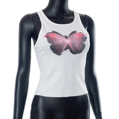 Butterfly pattern ribbed sleeveless contrast round neck top