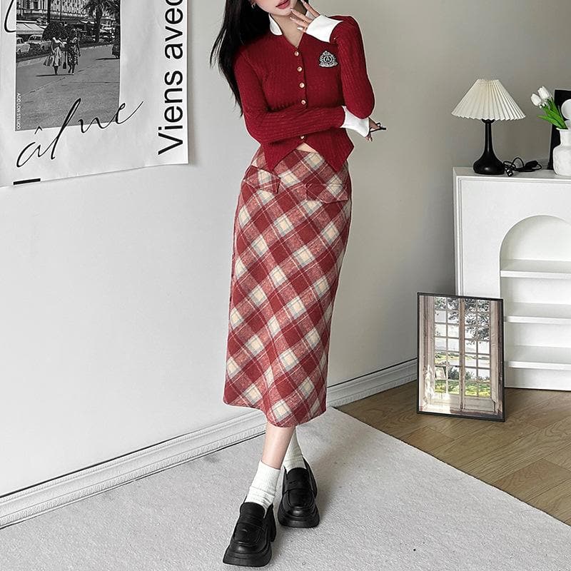 Long sleeve turnover collar plaid button zip-up contrast midi skirt set