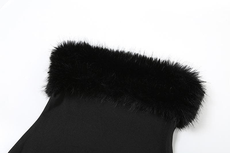 Furry gloves solid backless tube mini dress