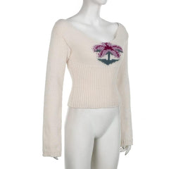 Knitted long sleeve flower pattern v neck top