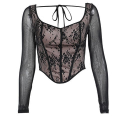 Lace contrast corset long sleeve zip-up self tie top