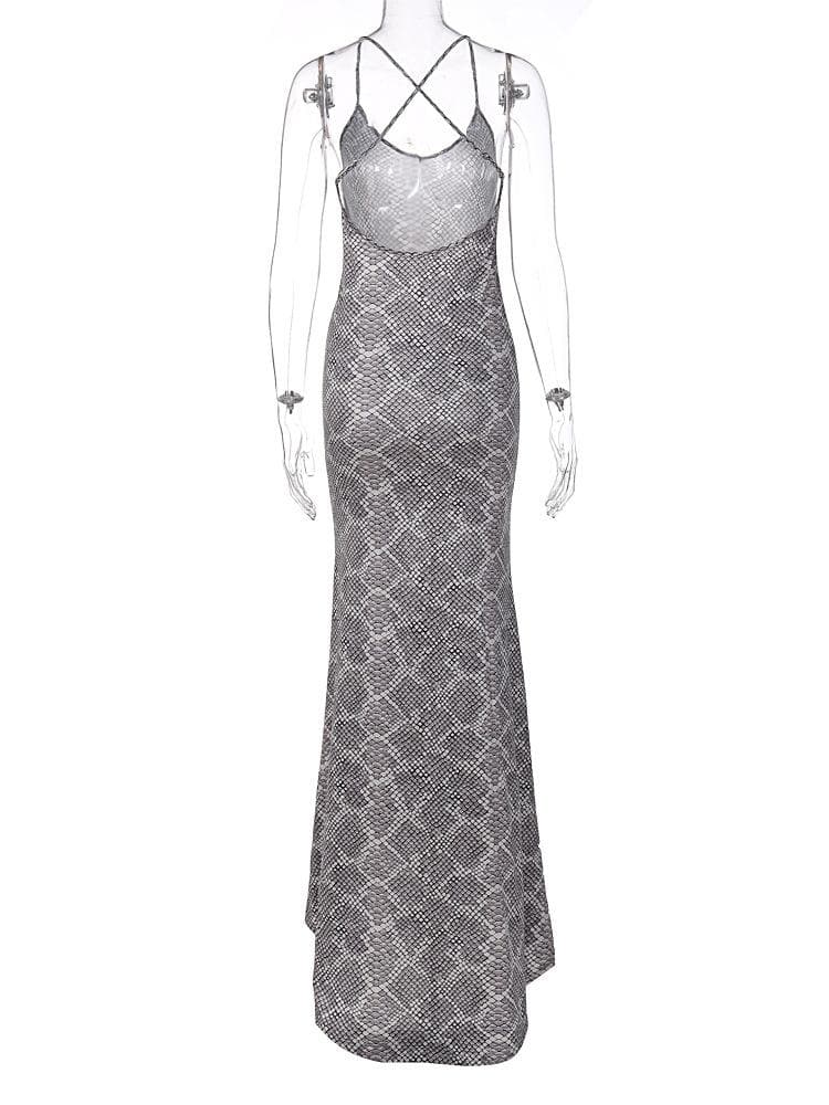 Snakeskin print cross back u neck backless cami maxi dress