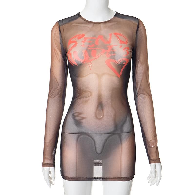 Langärmliges Minikleid mit Rundhalsausschnitt und Bodyprint aus transparentem Netzstoff 