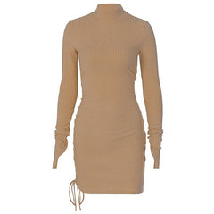 Long sleeve gloves solid drawstring high neck mini dress