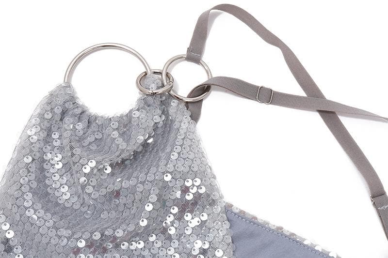 Einschultriges, unregelmäßig glitzerndes, tief ausgeschnittenes Minikleid mit O-Ring-Rüsche