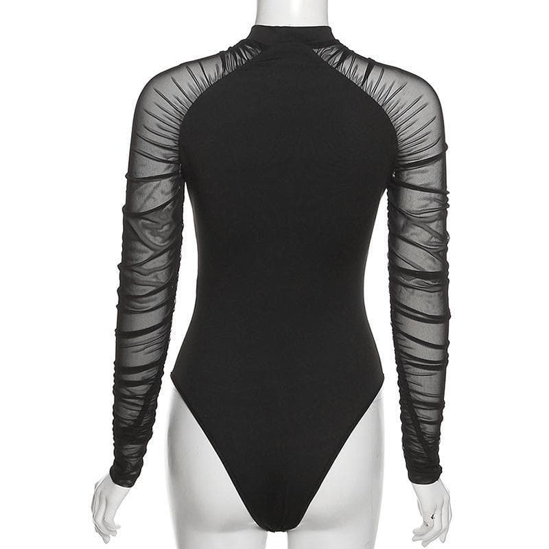 High neck mesh see-through ruched bodysuit