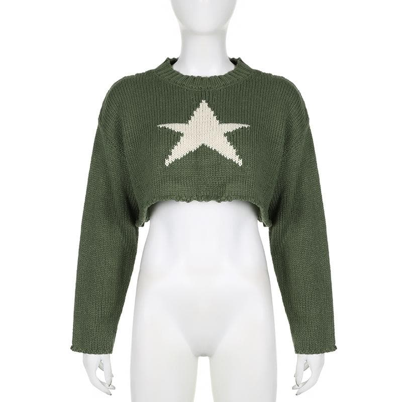 Knitted star pattern contrast long sleeve crewneck crop top