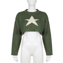 Knitted star pattern contrast long sleeve crewneck crop top