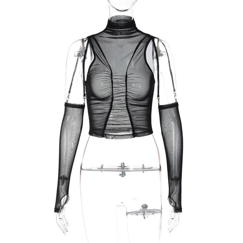 Ruched sheer mesh solid see through gloves button crop top