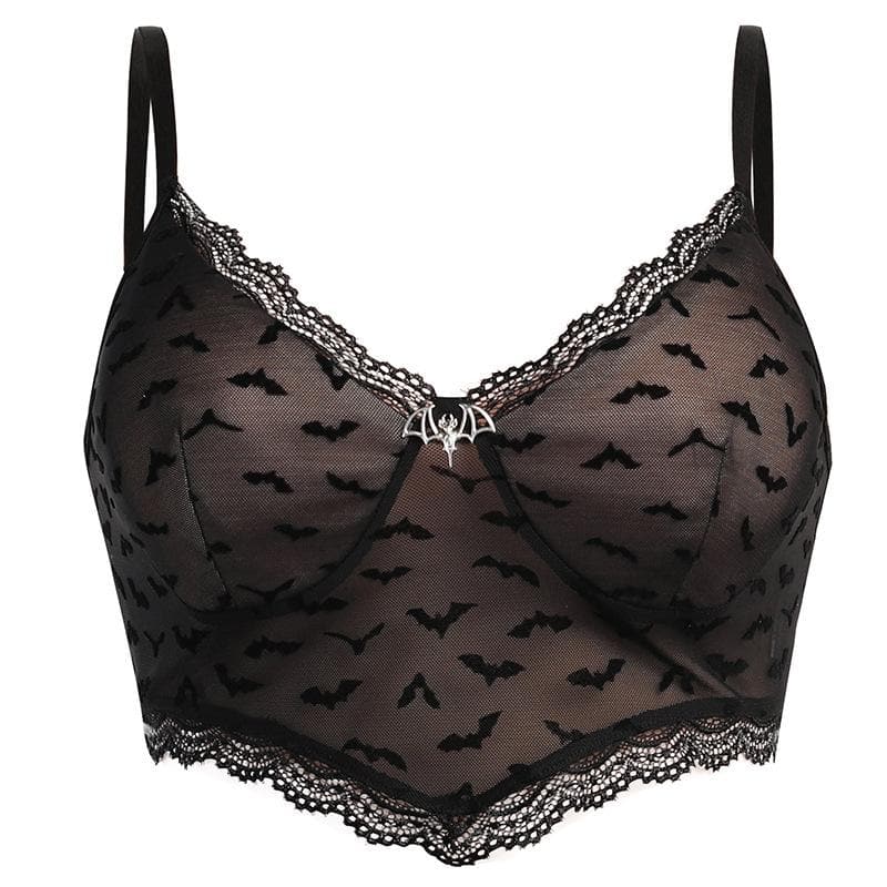 Ärmelloses, rückenfreies Camisole-Top aus Netzstoff mit Fledermaus-Applikation und Spitzensaum