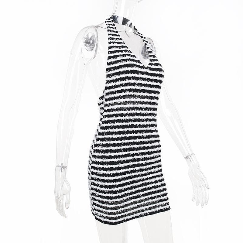 Contrast striped fluffy backless v neck halter mini dress