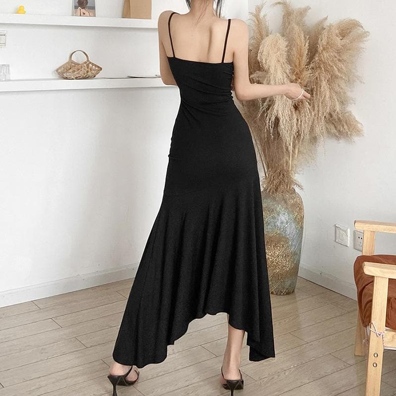 Slit v neck solid irregular ruched cami maxi dress