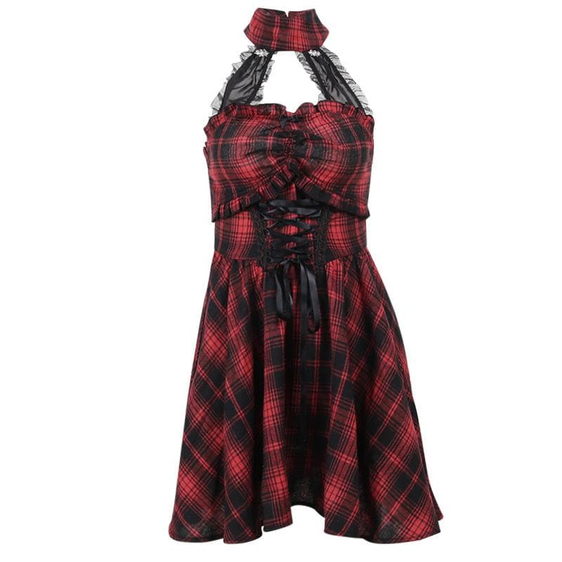 Zip-up lace hem halter lace up plaid backless mini dress | victorian gothic dresses