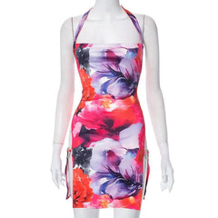 Halter backless slit o ring contrast flower print mini dress