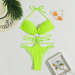 Ruched solid halter o ring self tie backless one piece swimwear