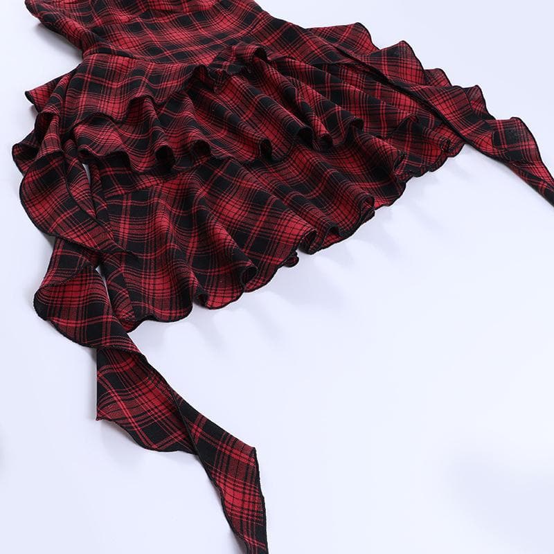 Zip-up halter contrast irregular plaid backless mini dress | victorian gothic dresses