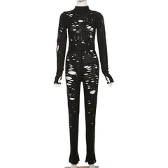 Ausgehöhlter, langärmliger Jumpsuit mit Reißverschluss und hohem Kragen 