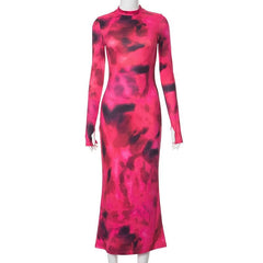 Tie dye gloves long sleeve contrast high neck midi dress