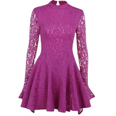 Lace hem long sleeve zip-up lace up backless solid ruffle mini dress