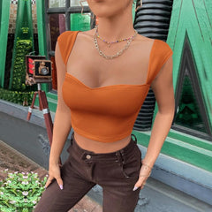 Low cut heart neck sleeveless solid ribbed crop top