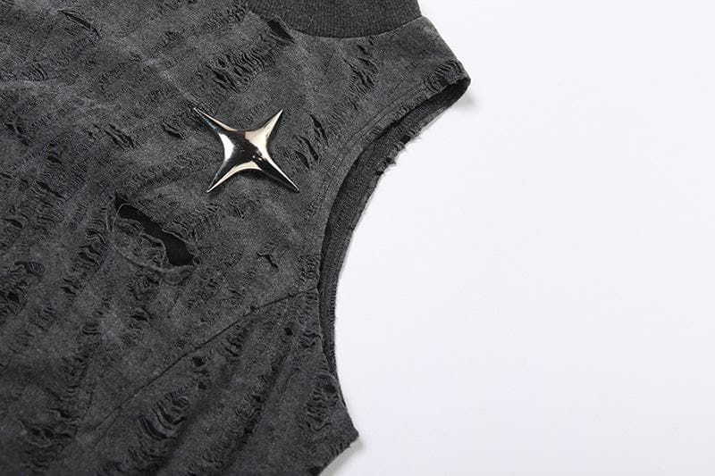 Sleeveless textured star applique hollow out solid crop top