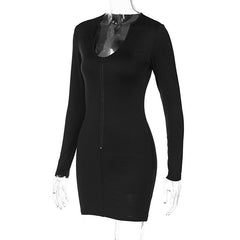 V neck low cut zip-up long sleeve solid mini dress - Final Sale