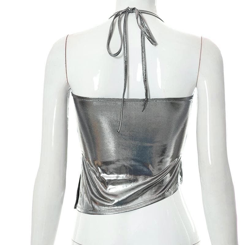 Metallic halter self tie backless solid slit top