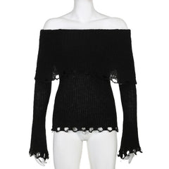 Crochet long sleeve hollow out off shoulder solid top