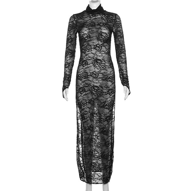 Lace long sleeve turtle neck see through slit gloves maxi dress