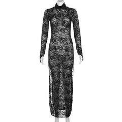 Lace long sleeve turtle neck see through slit gloves maxi dress