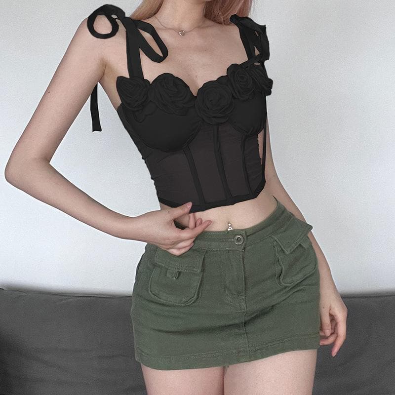 Rückenfreies Bustier-Crop-Top aus Netzstoff mit Blumenapplikation zum Selbstbinden