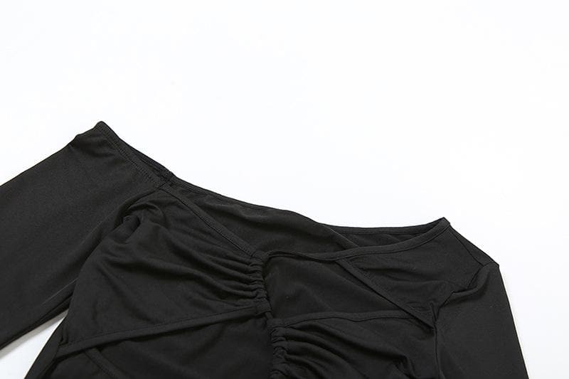 Geraffter, ausgehöhlter, langärmliger, einfarbiger, unregelmäßiger Bodysuit