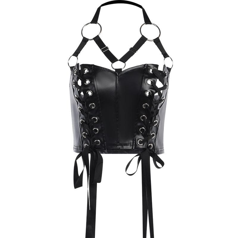 Lace up o ring PU leather halter backless crop top