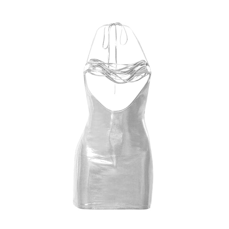 Halter hollow out o ring see through backless metallic solid mini dress