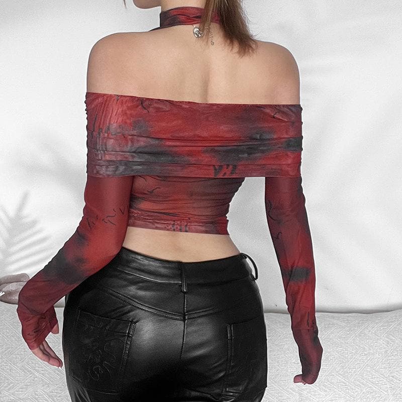 Tie dye off shoulder long sleeve contrast crop top