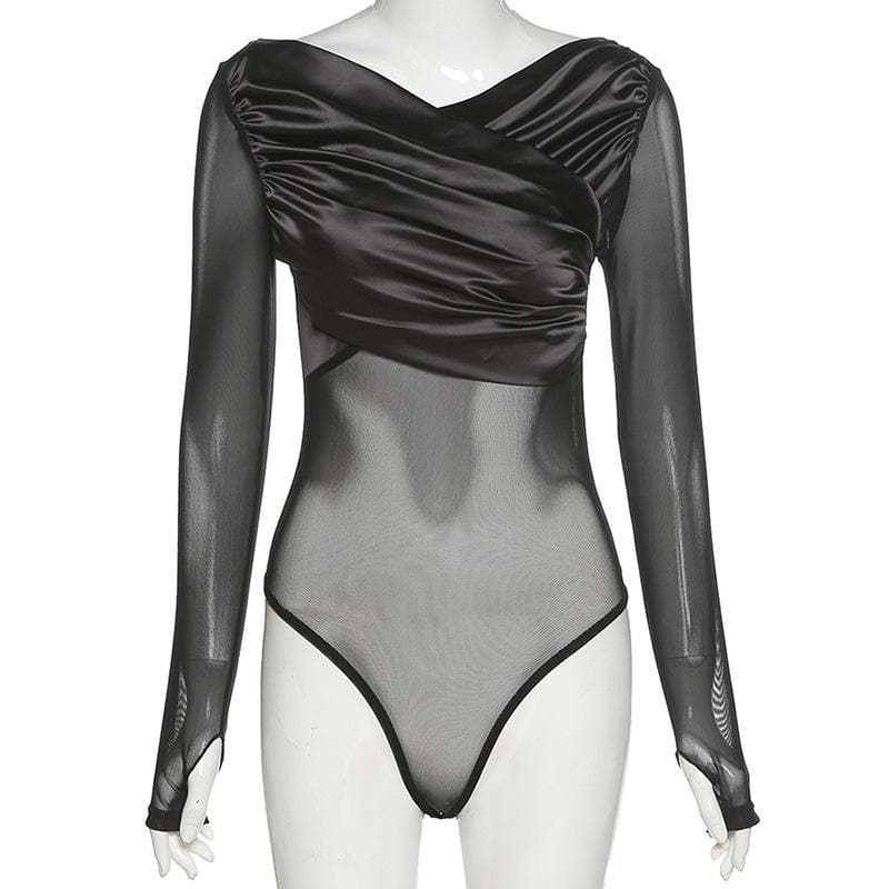 Long sleeve satin mesh see-through bodysuit