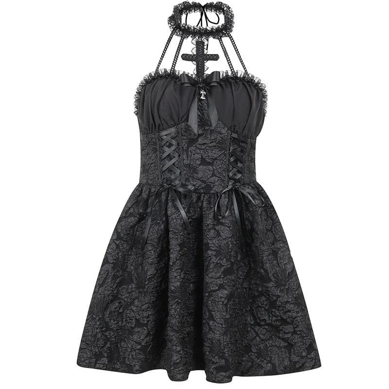 Textured cross applique ruffle halter zip-up lace up mini dress | victorian gothic dresses