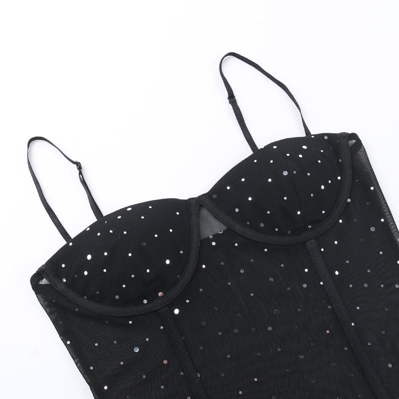 Sweetheart neck ruffle polka dot backless stitch mesh cami top