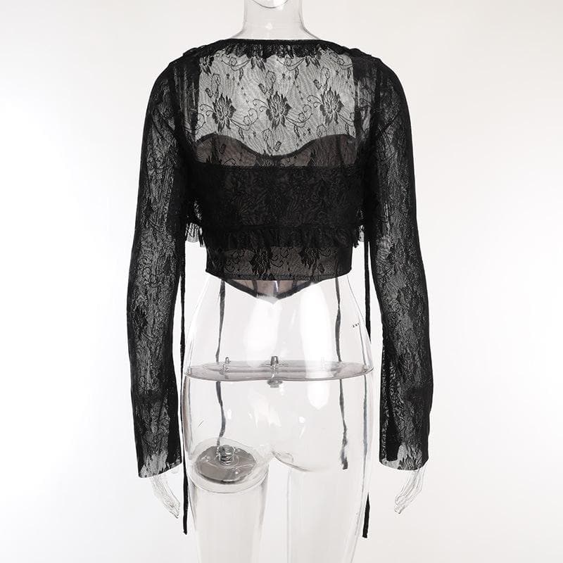 Lace corset long sleeve 2-way ruffle 2 piece crop top