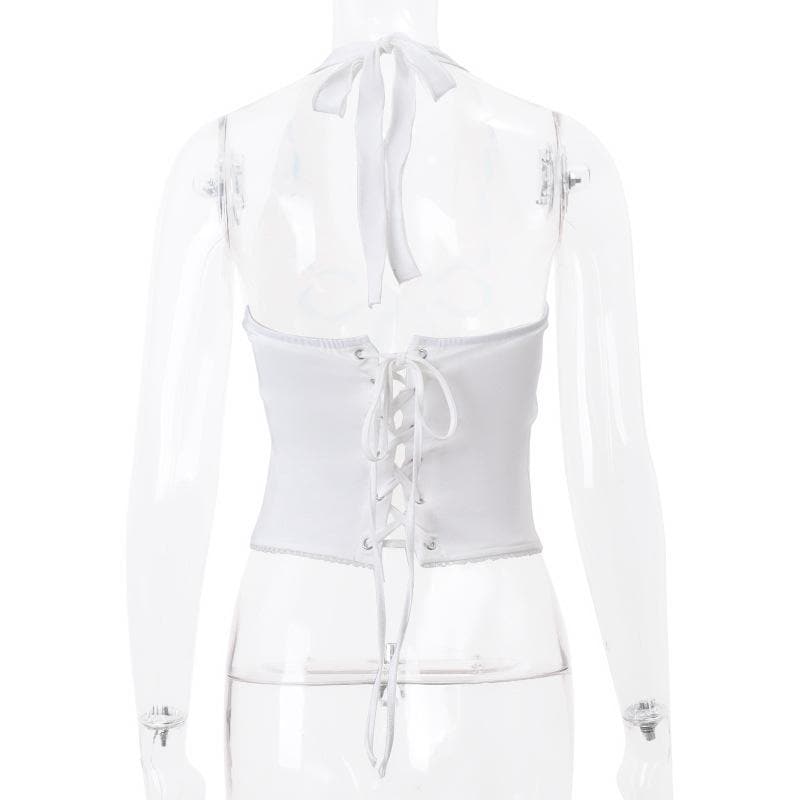 Lace up v neck bowknot pattern halter backless top