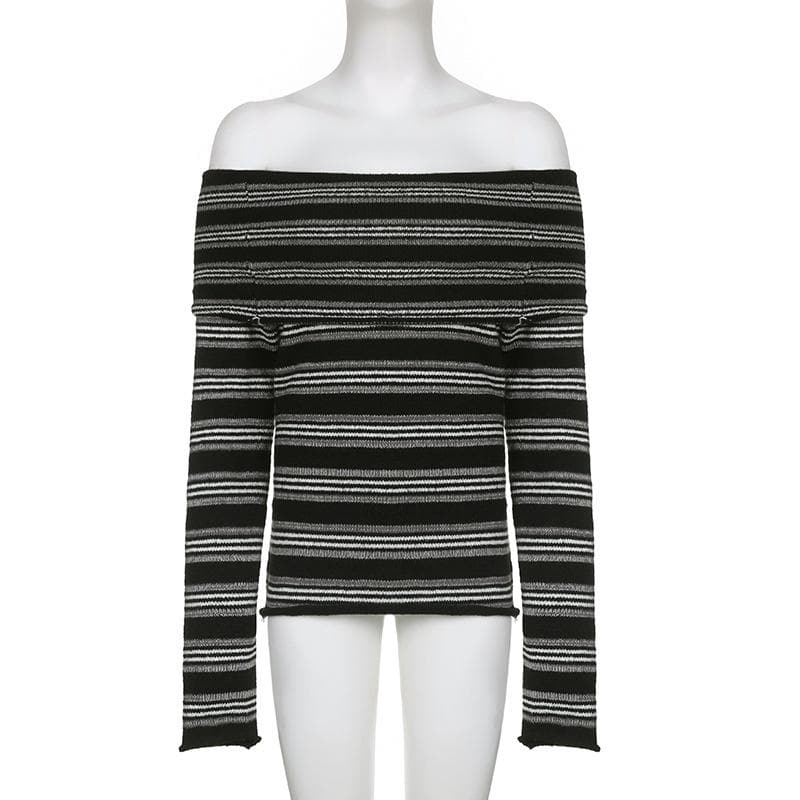 Knitted striped contrast long sleeve off shoulder top