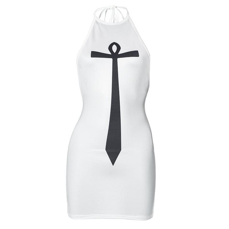 Cross pattern halter contrast backless self tie mini dress