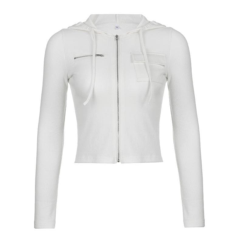 Ribbed solid zip-up hoodie long sleeve crop top