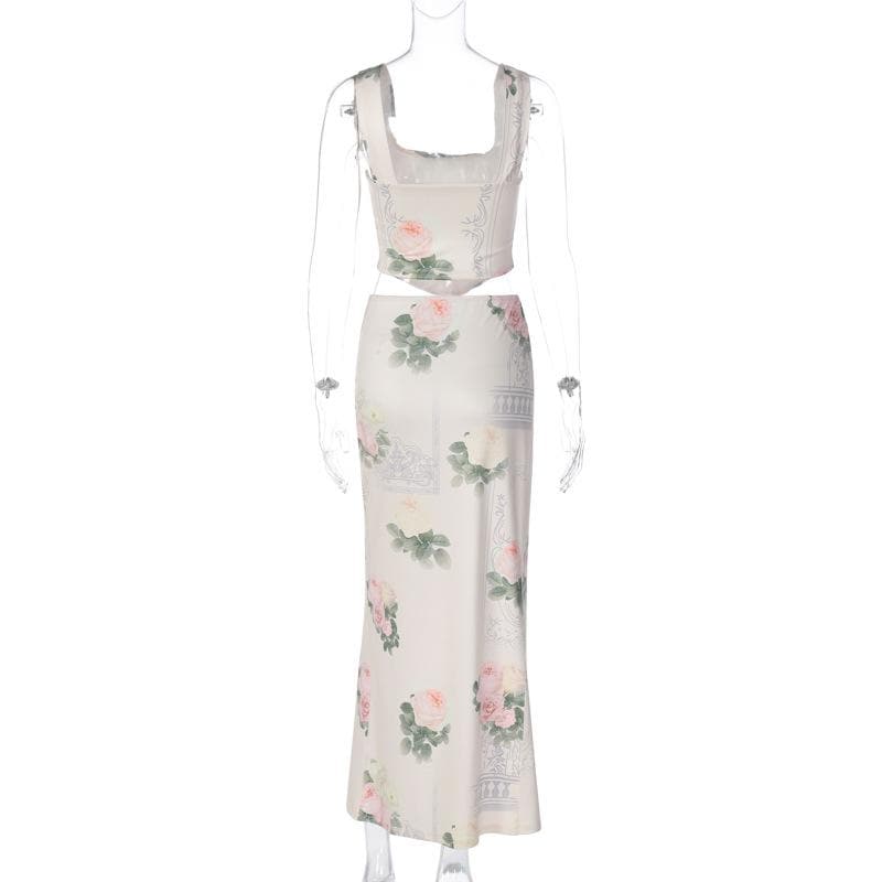 Square neck sleeveless flower print ruched slit maxi skirt set