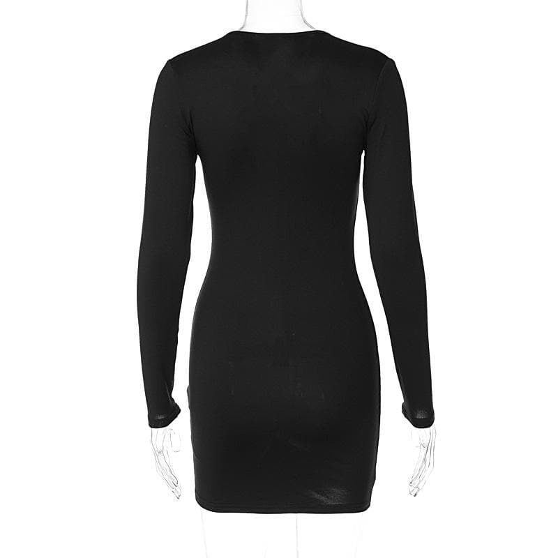 V neck low cut zip-up long sleeve solid mini dress - Final Sale