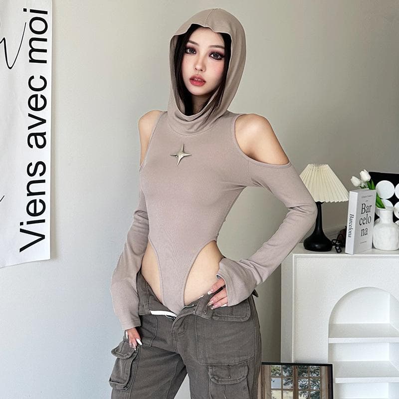 Ribbed star applique hoodie off shoulder long sleeve bodysuit