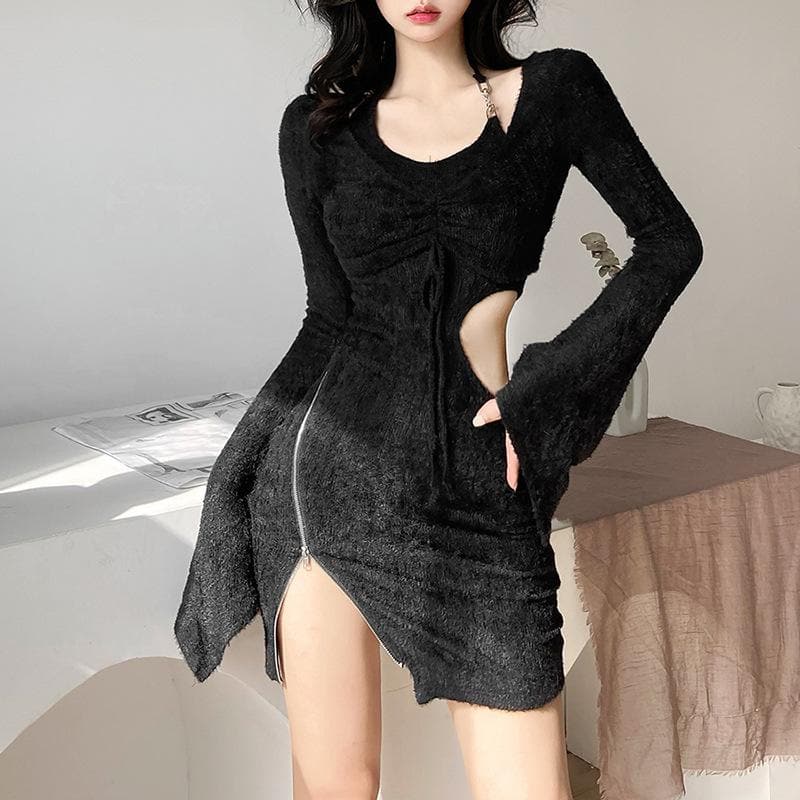 Textured zip-up drawstring hollow out halter long sleeve 2 piece mini dress