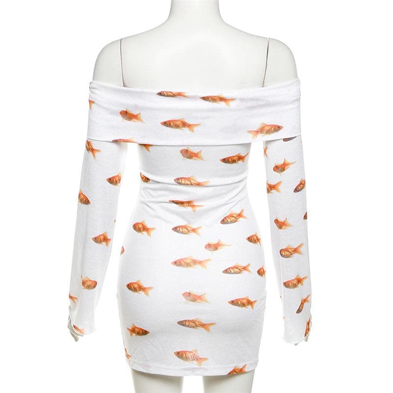 Schulterfreies, langärmliges Minikleid mit Goldfisch-Print